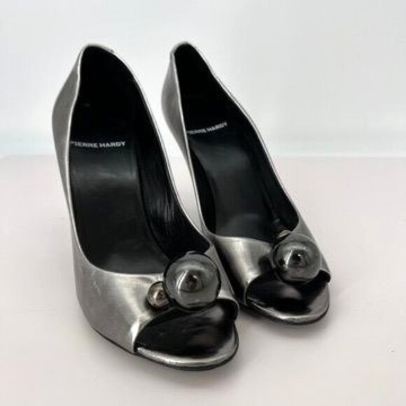 Pierre Hardy Womens Silver Metallic Leather‎ Peep Toe Heels size 8 / 38.5 - Picture 1 of 11